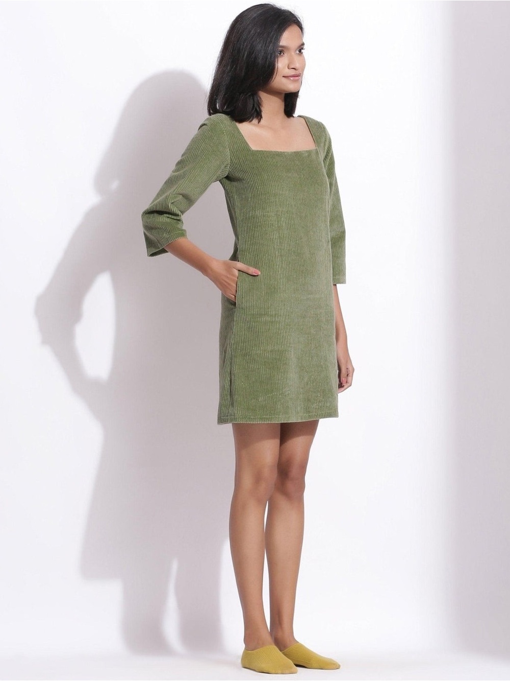 NWT SeamsFriendly Sage Green Square-Neck Cotton Mini Shift Dress Corduroy Sz 38R - Picture 4 of 14
